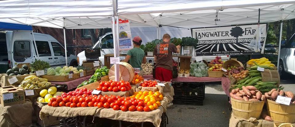 Farmers market display of local, fresh, organic vegetables and fruit.